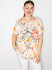 T-shirt med mix blomster beige - Brystmål 130cm - ITFEB25