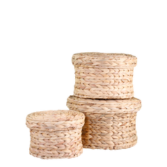 Wicker Basket w. lid set of 3 H18/D29 cm nature