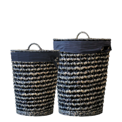 Basket braided w. lid & linen set of 2 H52/D40 cm dark nature