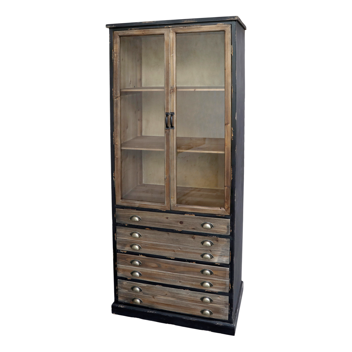 Display Cabinet w. 2 glass doors & 4 drawers H191/L80/B48 cm antique black