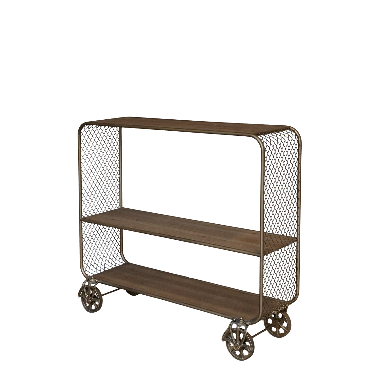 Cart on wheels w. wooden shelf H99/L114/W35 cm antique brass