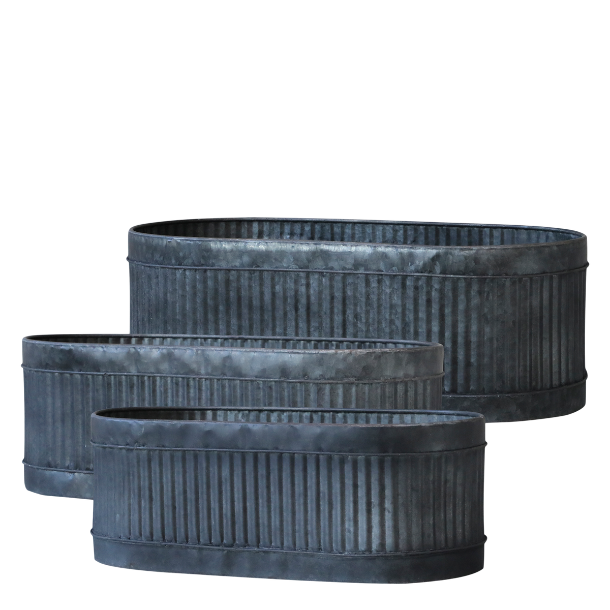 Planters w. grooves oval set of 3 H18/L52/W26 cm zinc