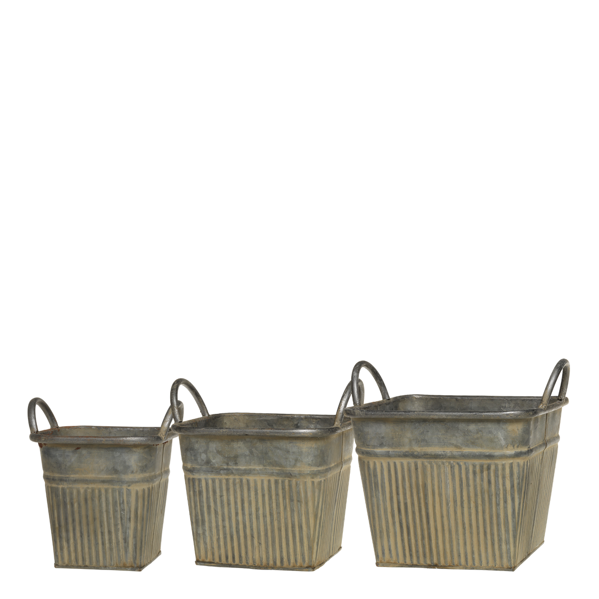 Planter w. grooves & handles set of 3 H17/L21.5/W21.5 cm antique zinc