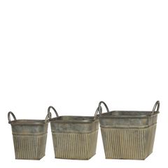 Planter w. grooves & handles set of 3 H17/L21.5/W21.5 cm antique zinc