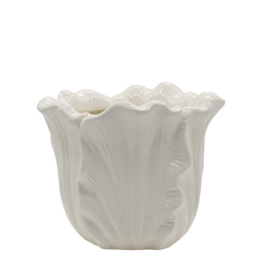 Fayence Planter w. leaves H16/D18 cm cream