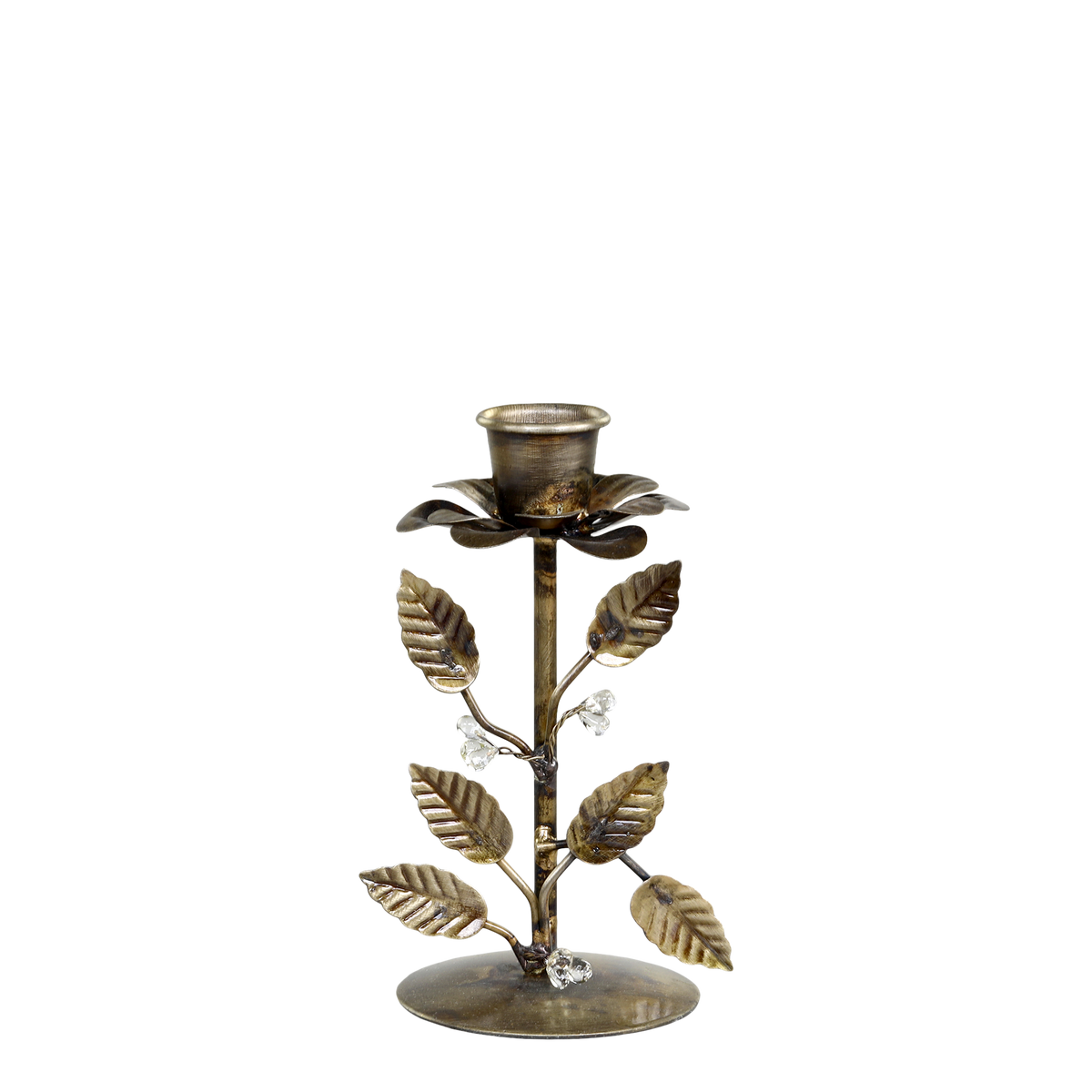 Candlestick w. flower & leaves H13/D6.5 cm antique brass