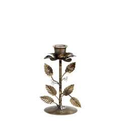 Candlestick w. flower & leaves H13/D6.5 cm antique brass