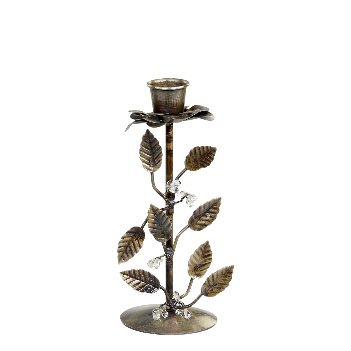 Candlestick w. flower & leaves H16/D6.5 cm antique brass