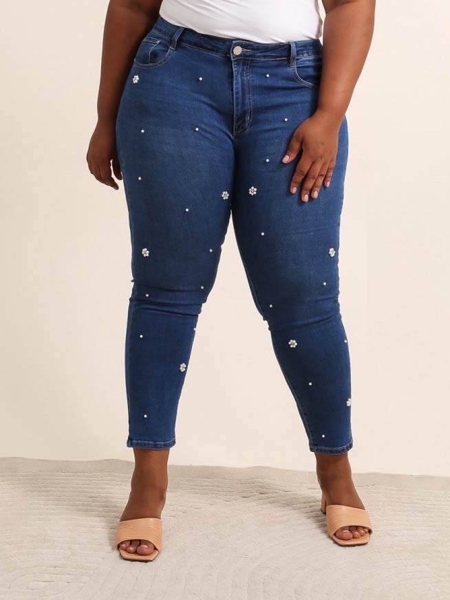 Jeans med perleblomster darkwash