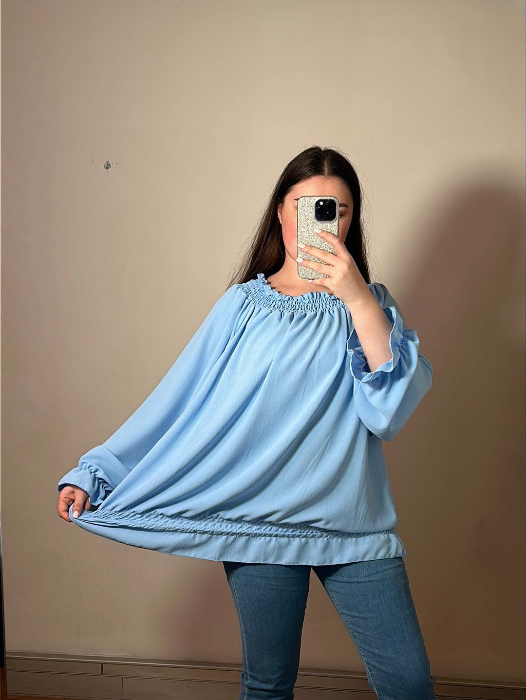 Bluse med smock og flæse - Brystmål 140cm