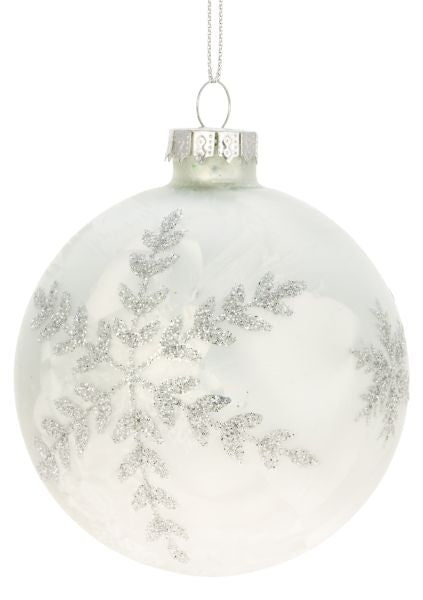 GLASS BALL 8CM ICY WHITE W/SILVER SNOWFLAKE